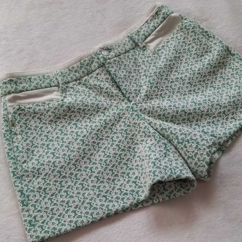 Anthropologie Cartonnier Green & White Rose Point Floral Lace Overlay Shorts